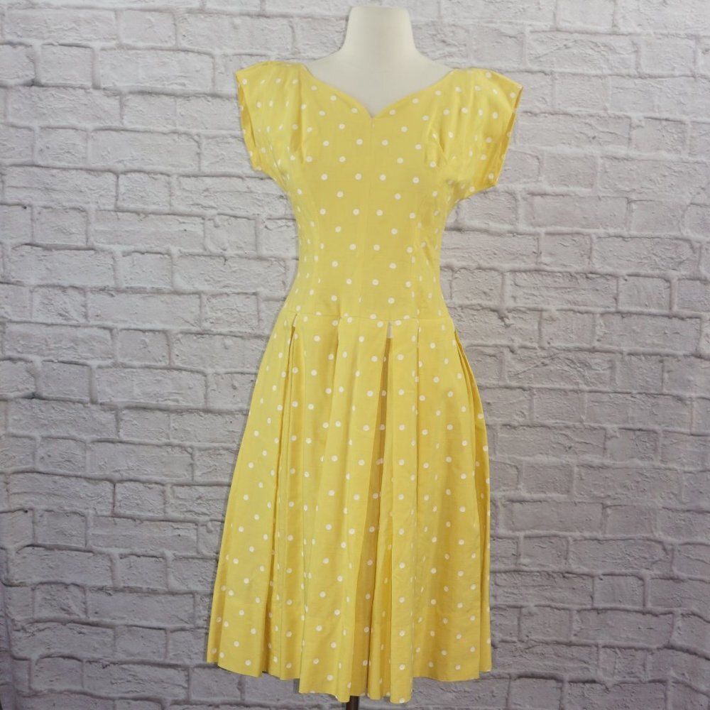 Vintage 50s Yellow Polkadot Pleated Swing Dress